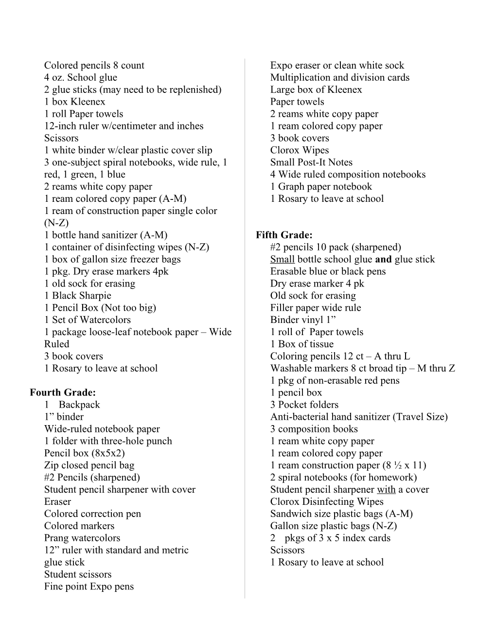 Student Supply List—Clearly Label Each Item With Your Student’S Name