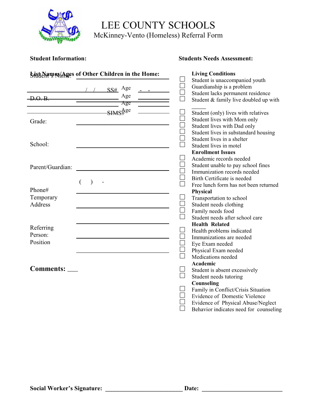 Student Information: Students Needs Assessment