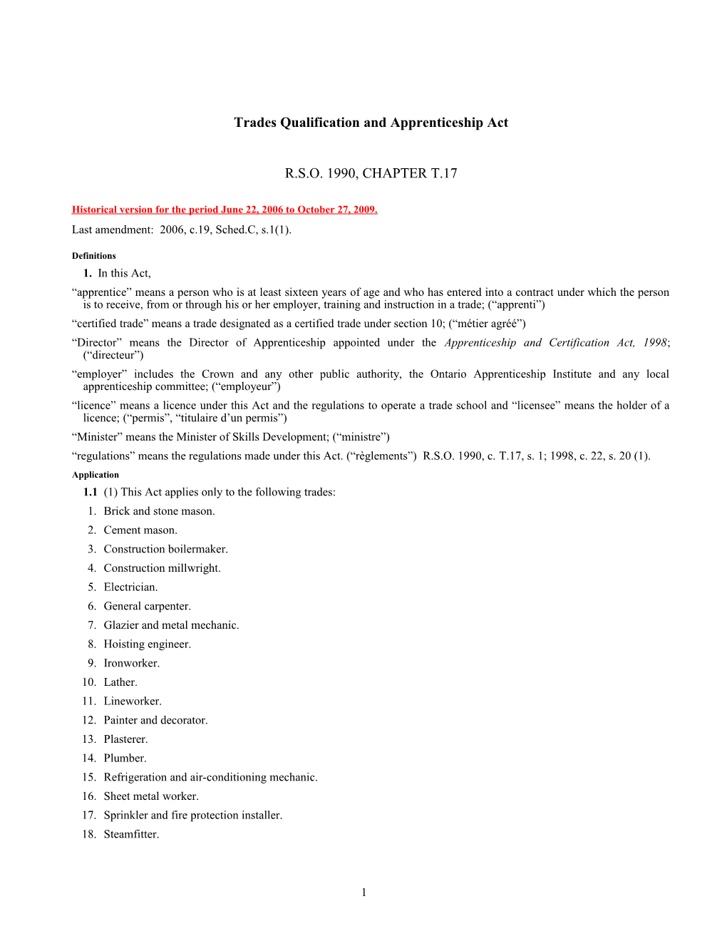 Trades Qualification and Apprenticeship Act, R.S.O. 1990, C. T.17