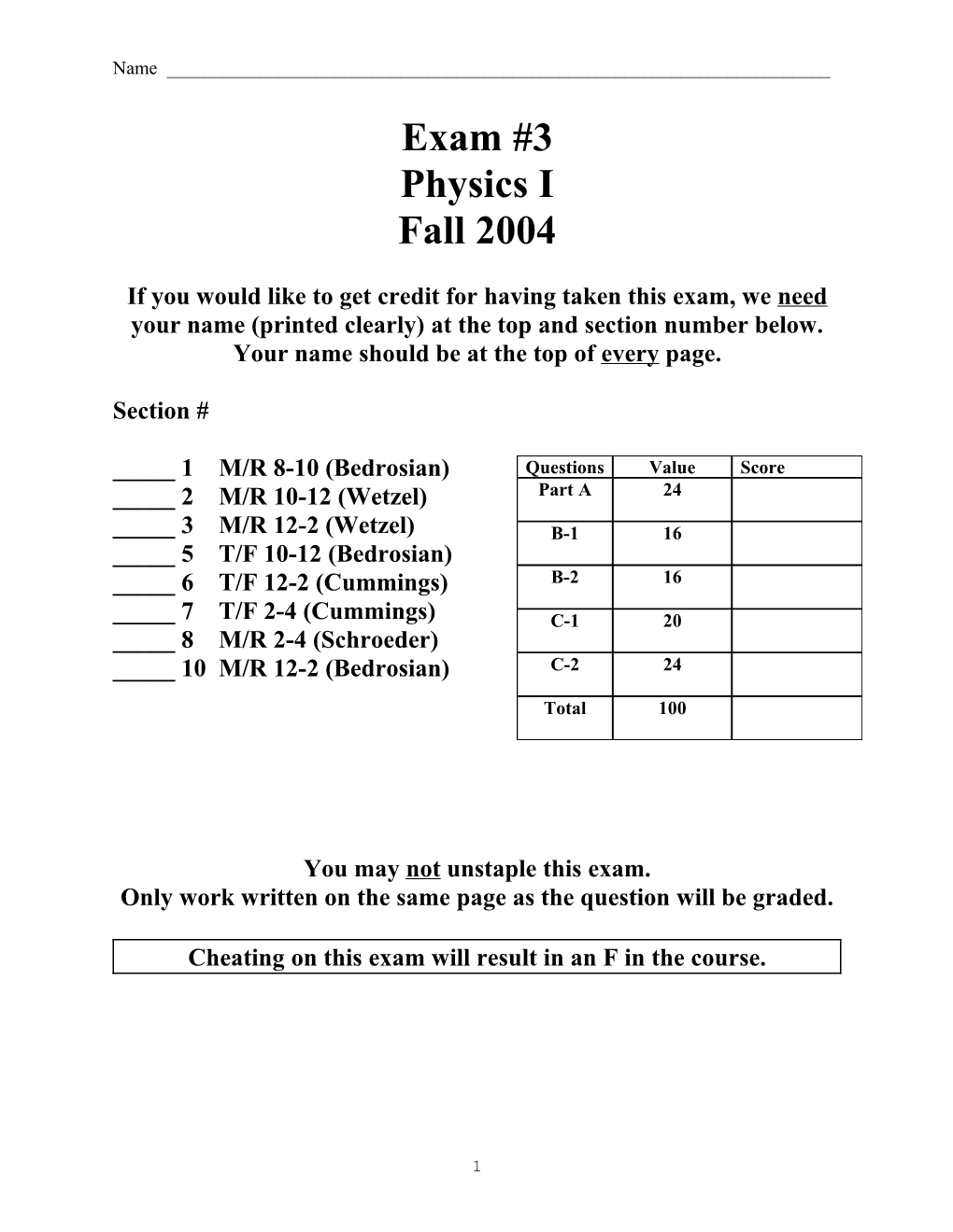 Physics I Exam 3 Spring 2003 s2