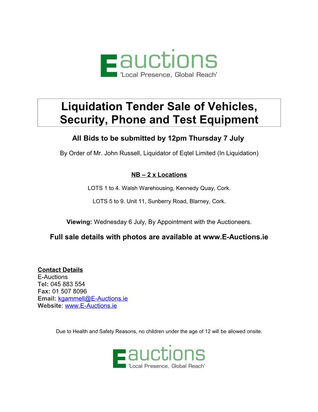 Liquidation Tender Sale of Vehicles, Security, Phone and Test Equipment