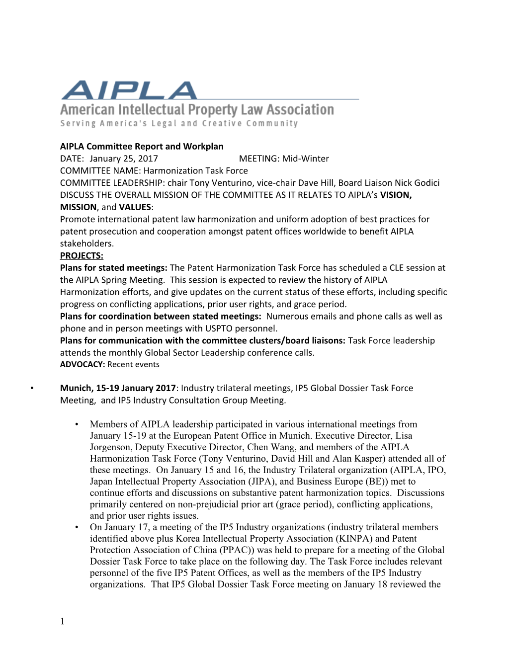 AIPLA Committee Report and Workplan