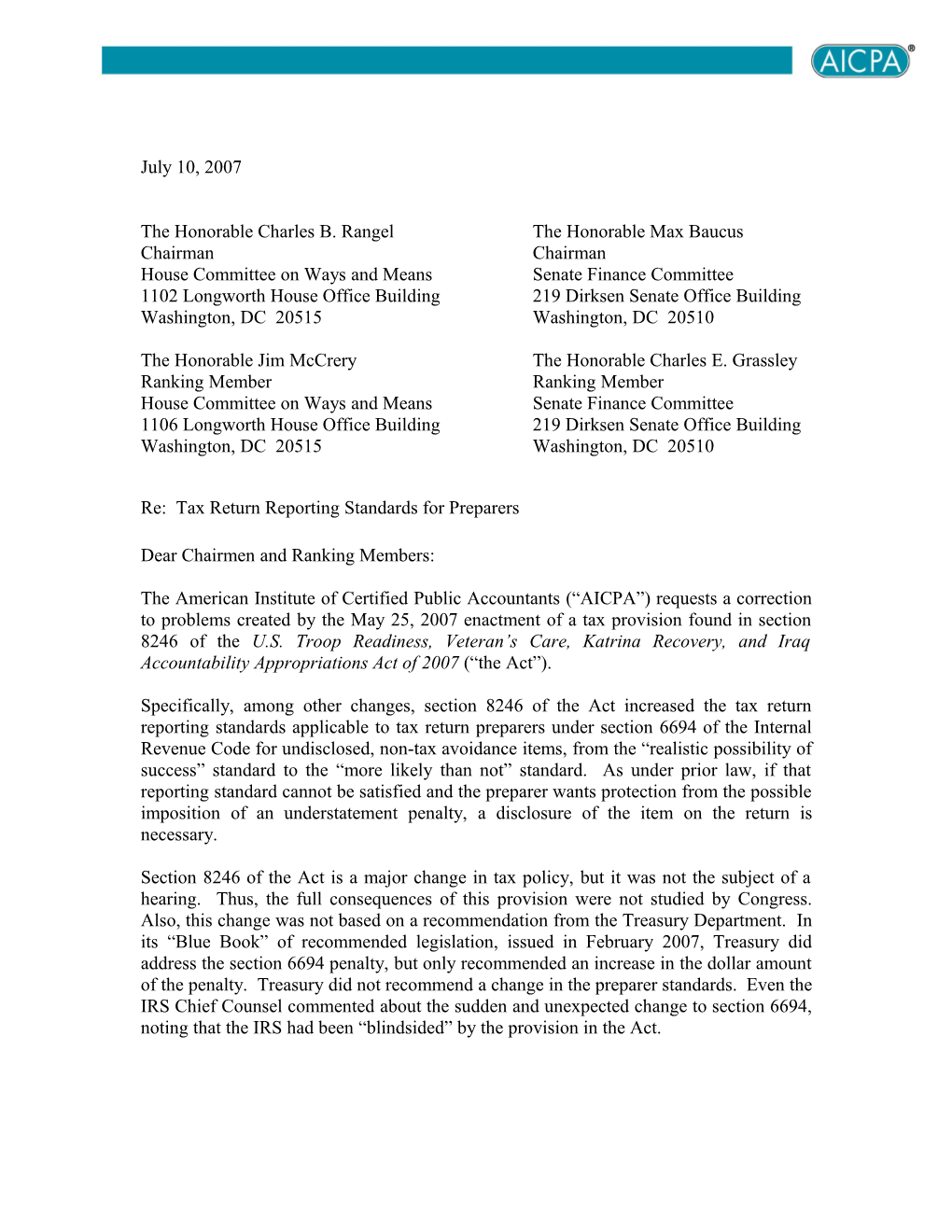 AICPA Letter to House and Senate Tax-Writing Committees Urging a Legislative Change To