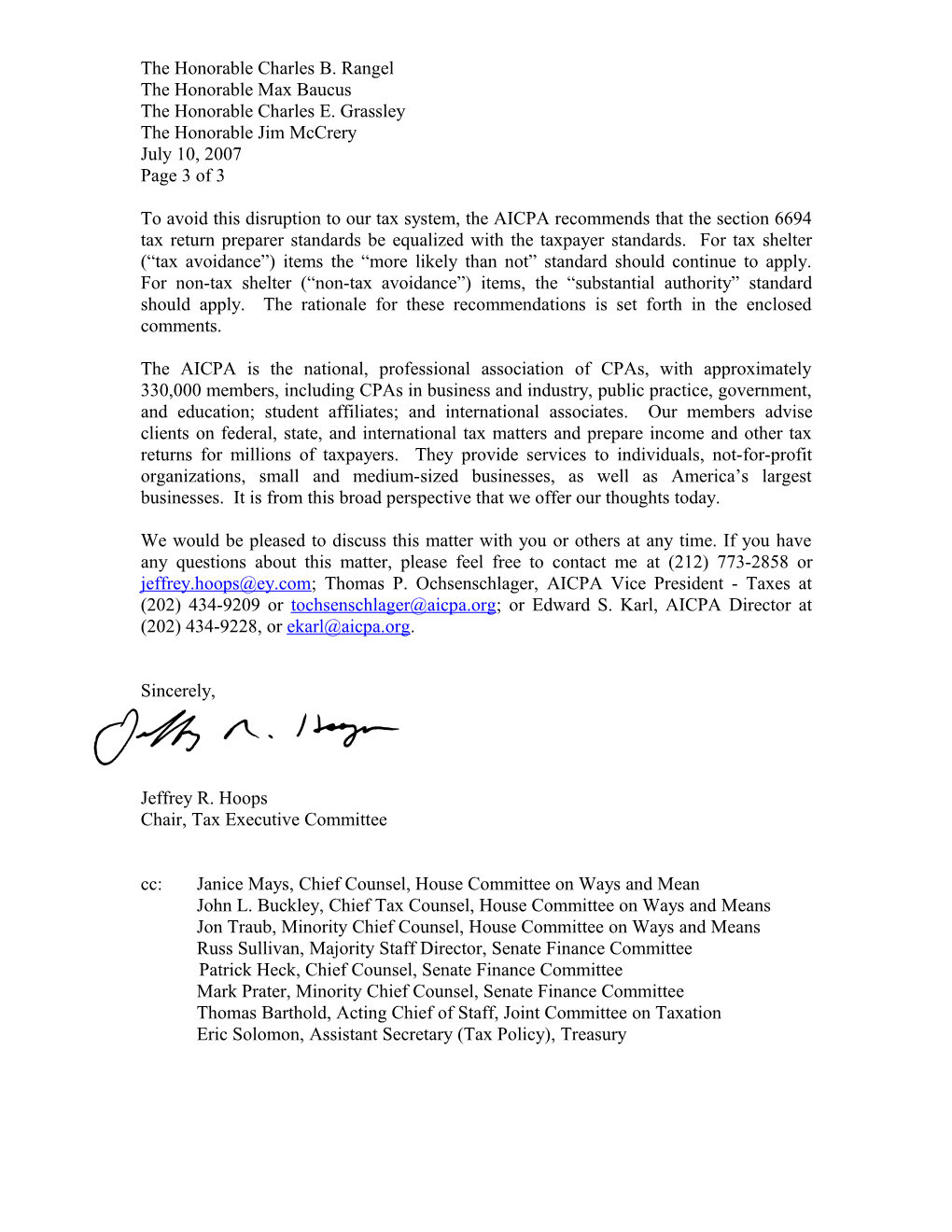 AICPA Letter to House and Senate Tax-Writing Committees Urging a Legislative Change To