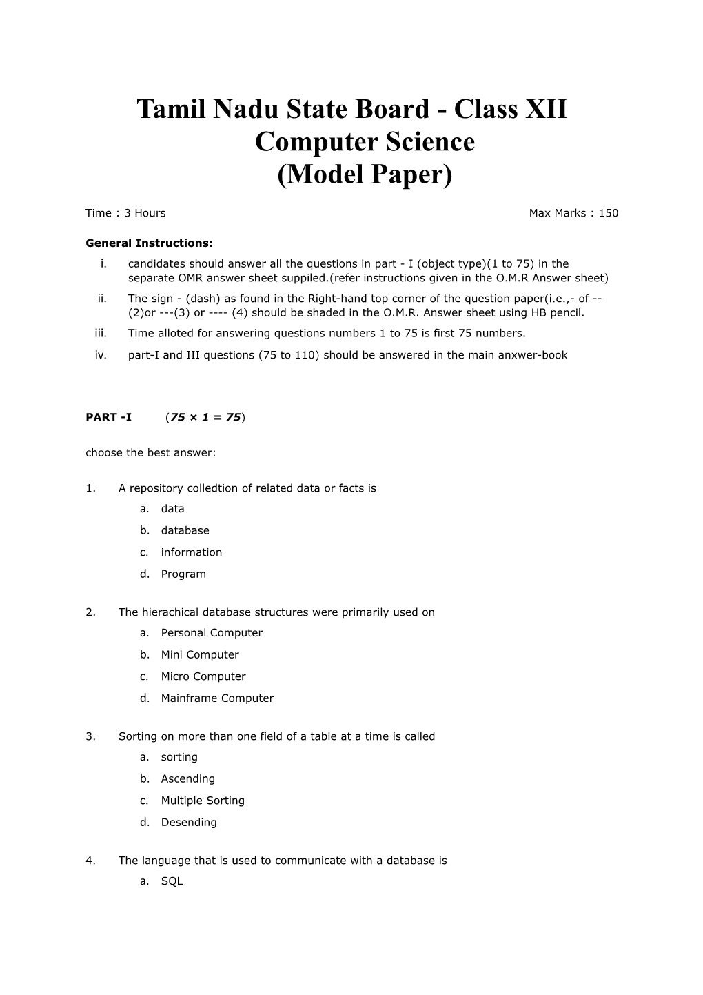 Tamil Nadu State Board - Class Xiicomputer Science(Model Paper)