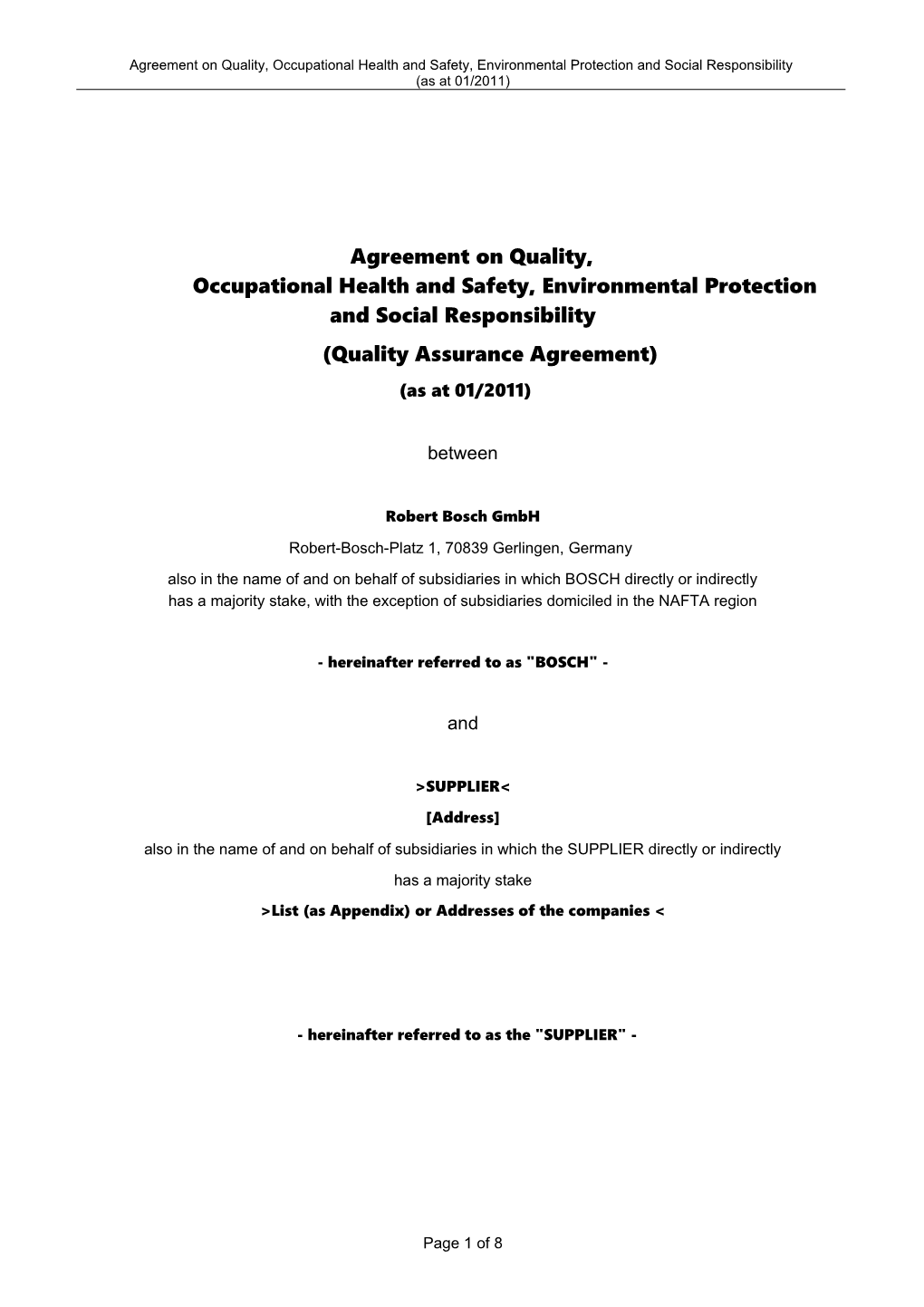 Agreement on Quality, Occupational Health and Safety, Environmental Protection and Social