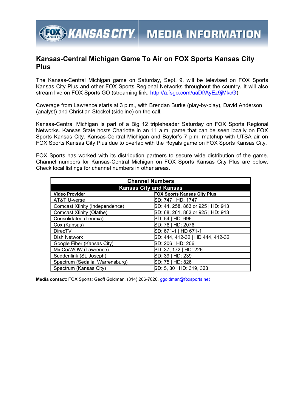 Kansas-Central Michigan Game to Air on FOX Sports Kansas City Plus