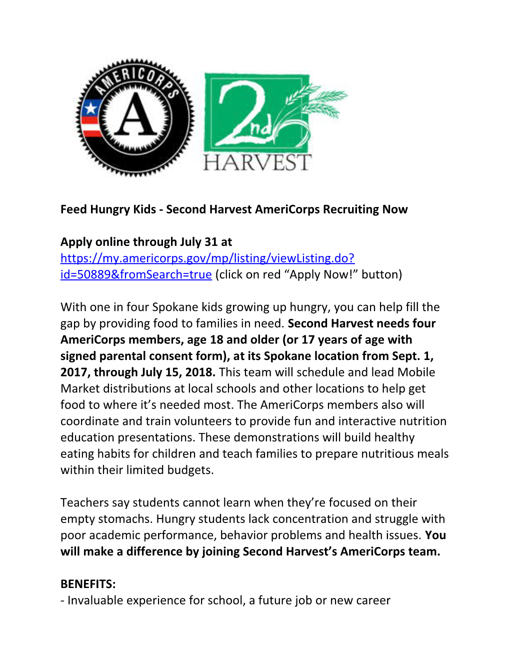 Feed Hungry Kids - Second Harvest Americorps Recruiting Now