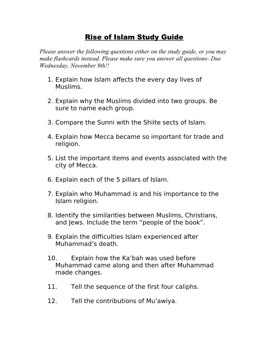 Rise of Islam Study Guide