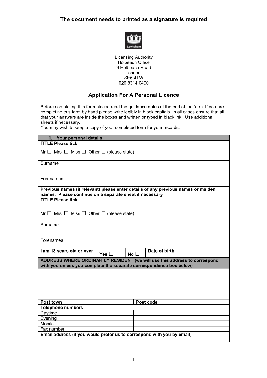 Application for Personal Licence