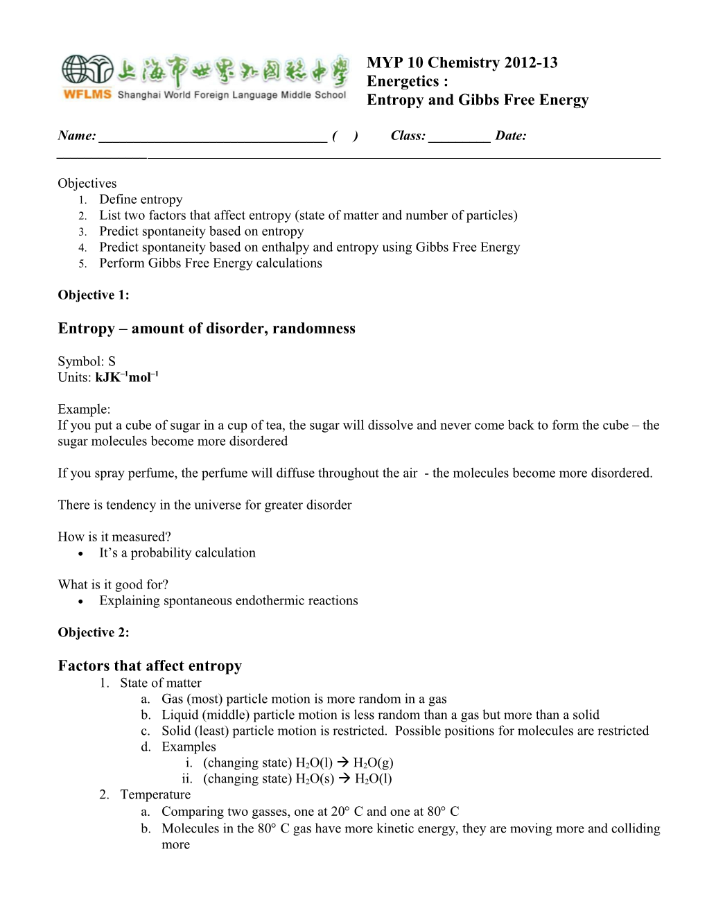 Entropy and Gibbs Free Energy