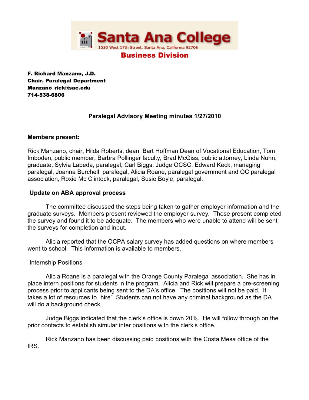 Paralegal Advisory Meeting Minutes 1/27/2010