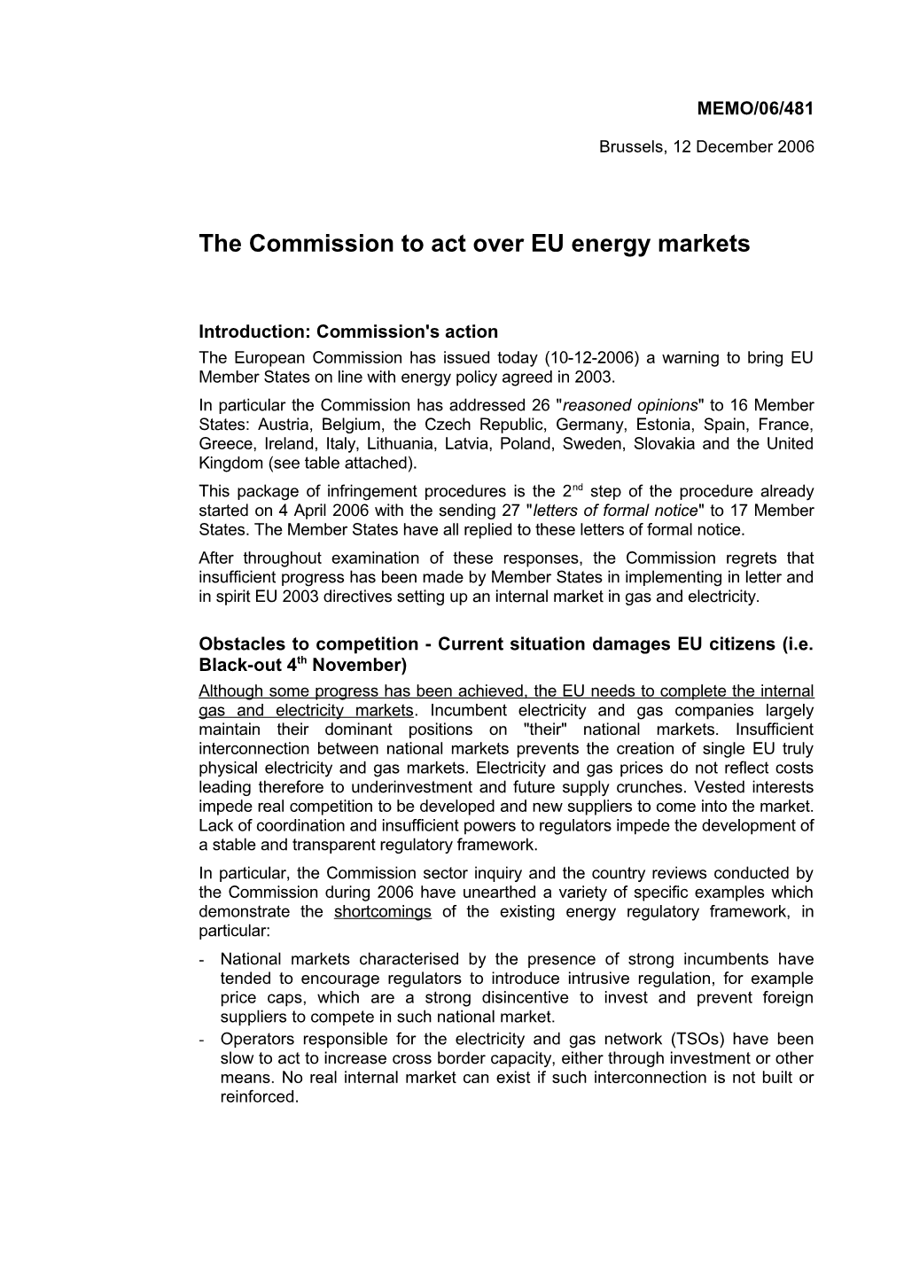 The Commission to Act Over EU Energy Markets