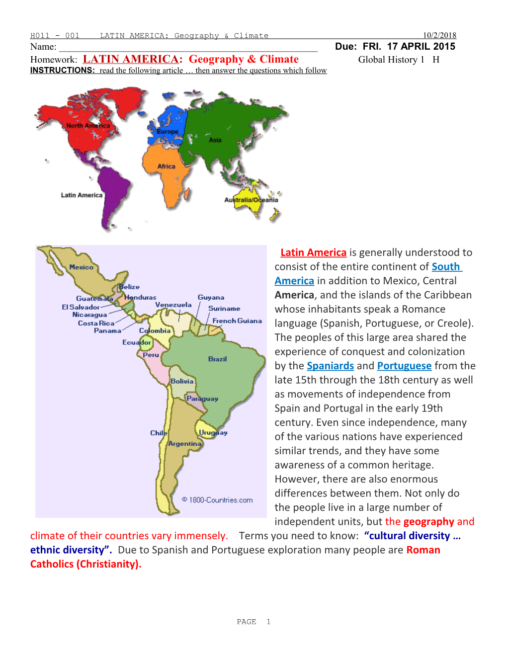 Homework: LATIN AMERICA: Geography & Climate Global History 1 H