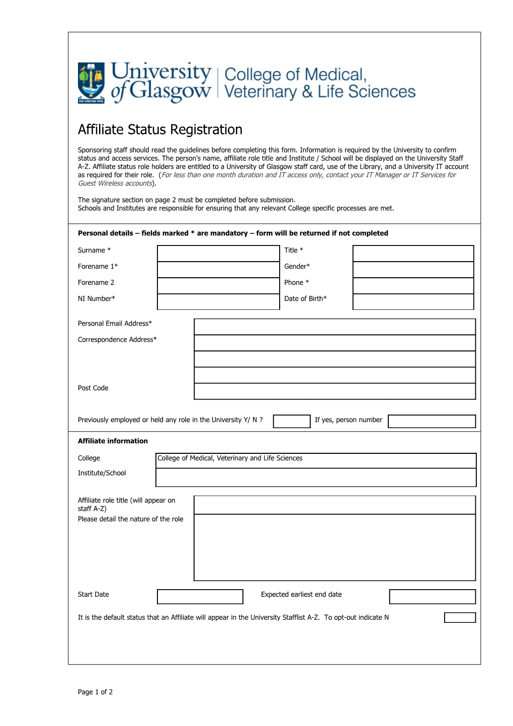 Affiliate Status Registration