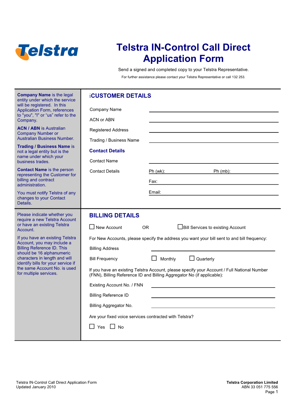 Telstra IN-Control Call Direct Application Form