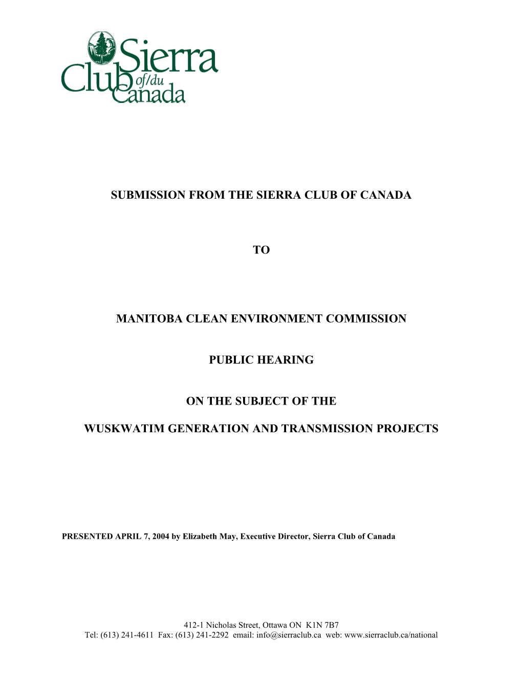 Submission from the Sierra Club of Canada