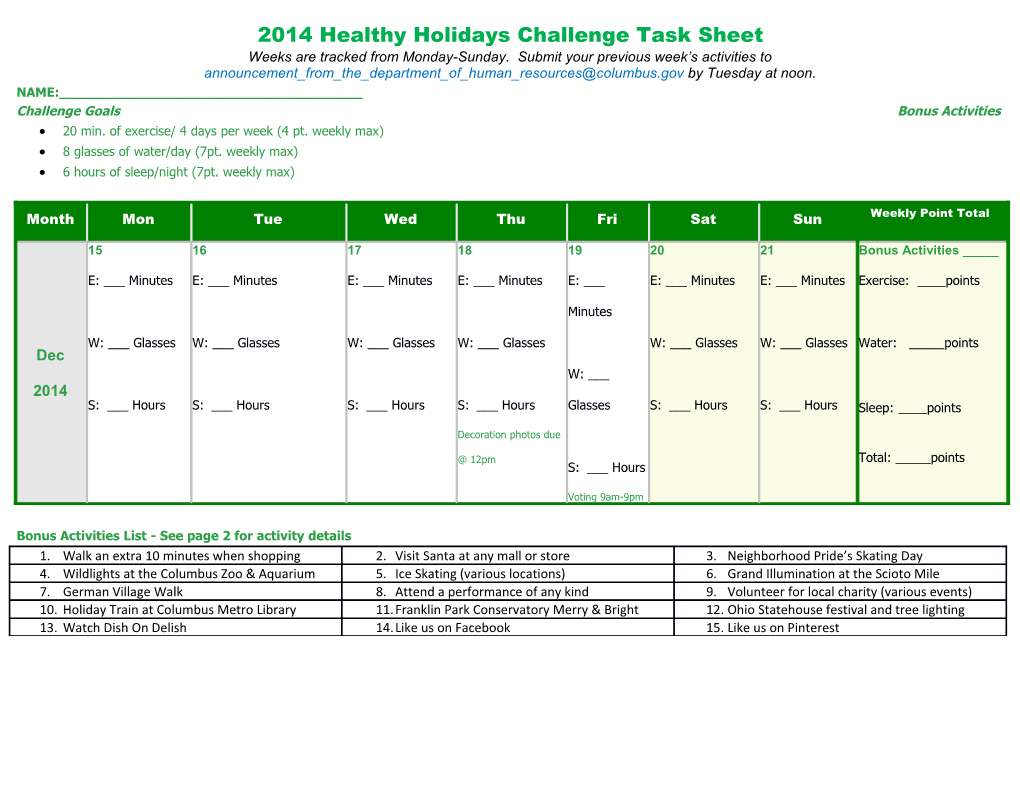 2014 Healthy Holidays Challenge Task Sheet