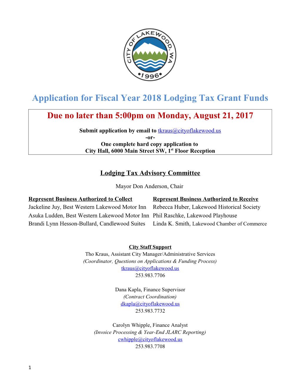 Application for Fiscal Year 2018 Lodging Tax Grant Funds