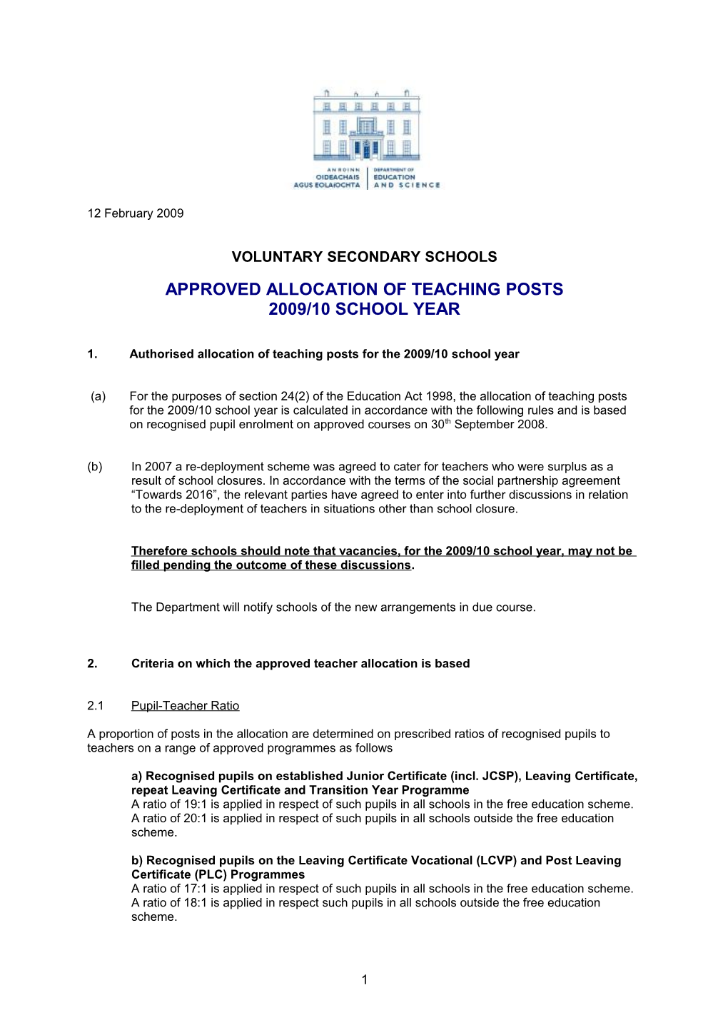 Approved Allocation of Teaching Posts for the 2007/08 School Year - Secondary Schools (File