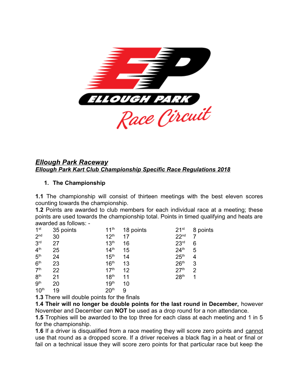 Ellough Park Kart Club Championship Specific Race Regulations 2018