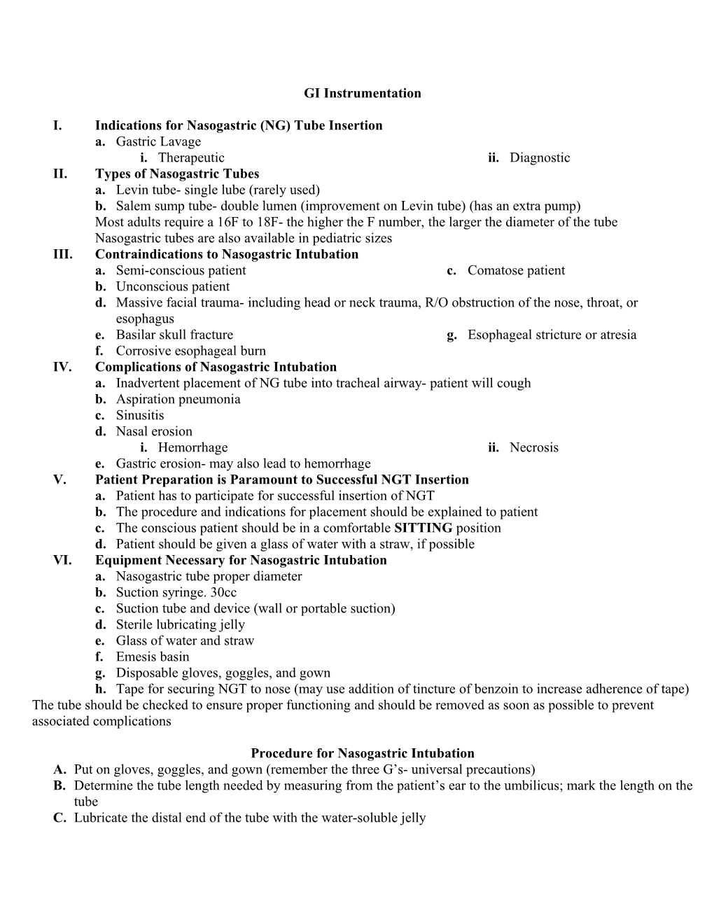 I. Indications for Nasogastric (NG) Tube Insertion