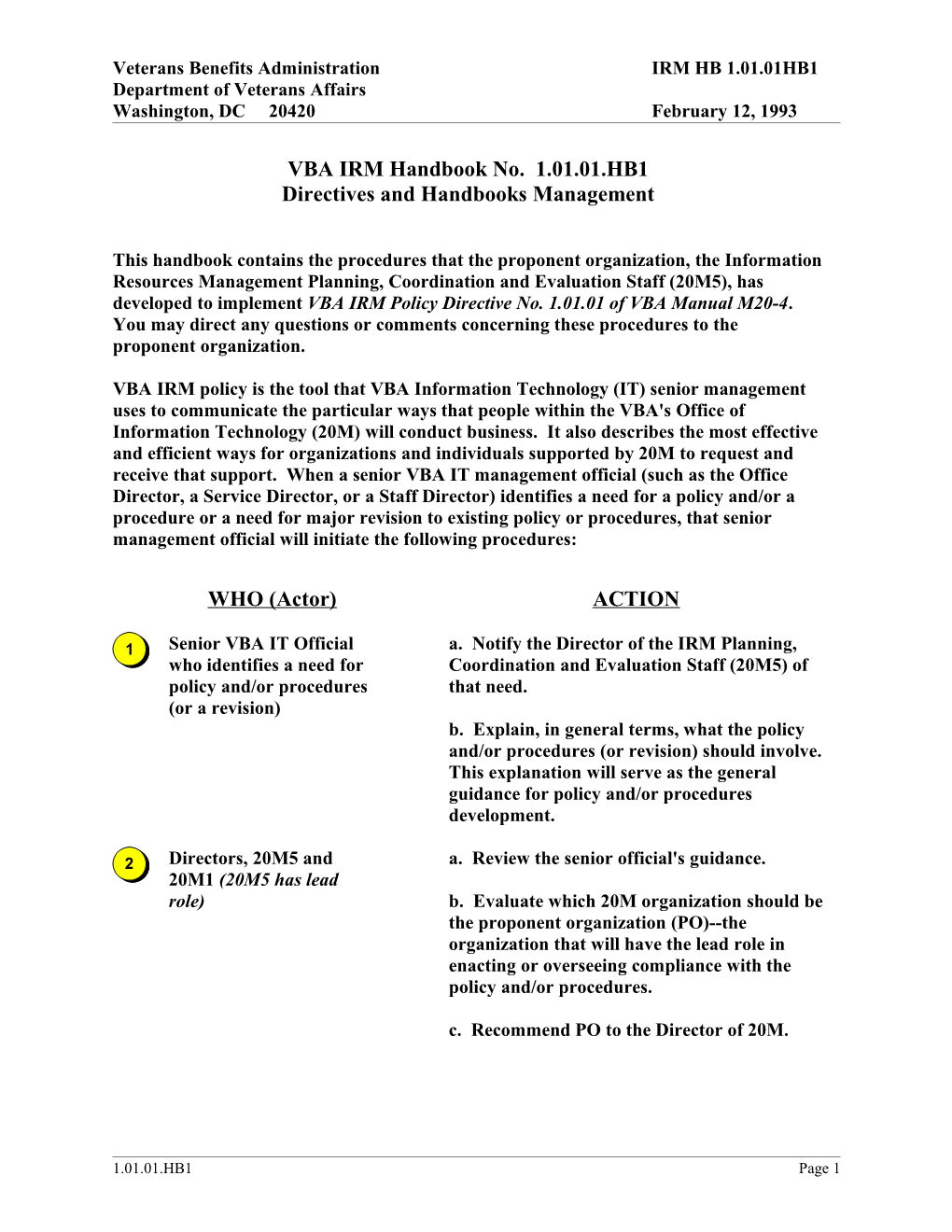 VBA IRM Handbook No. 1.01.01.HB1