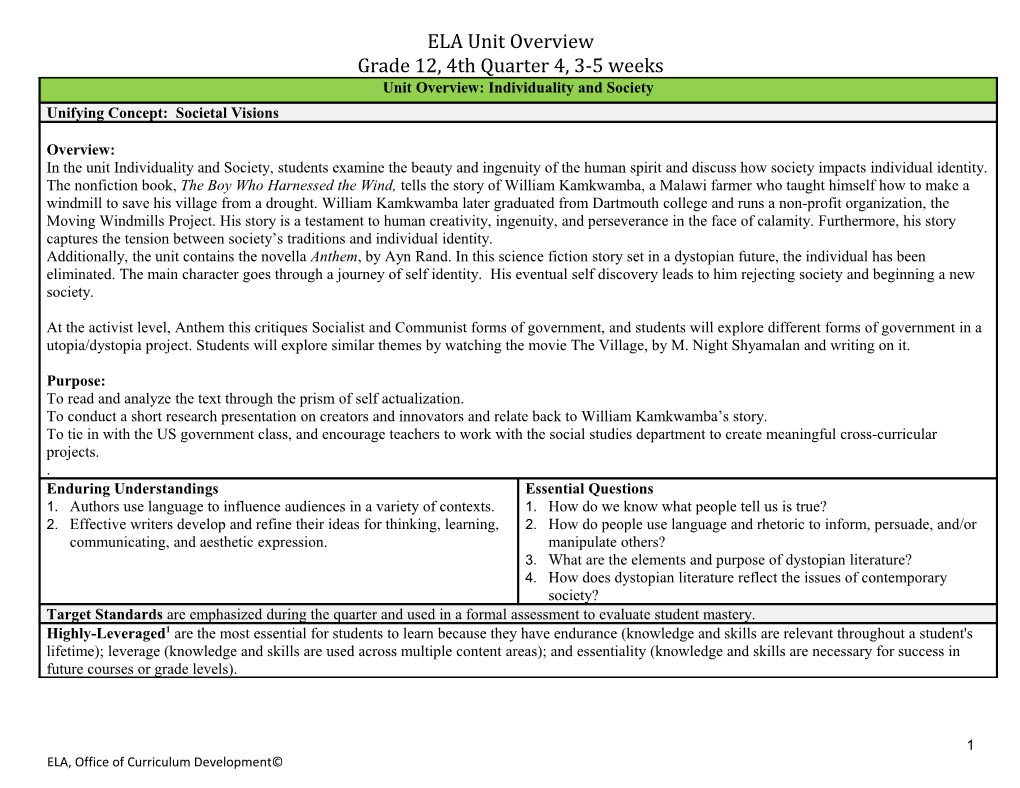 ELA Unit Overview