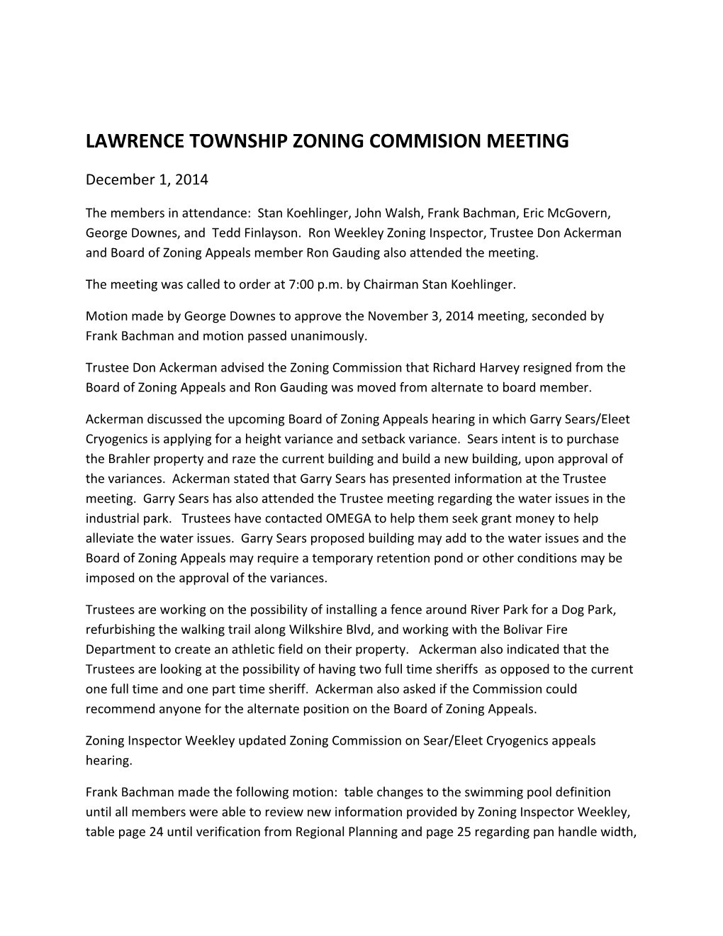 Lawrence Township Zoning Commision Meeting