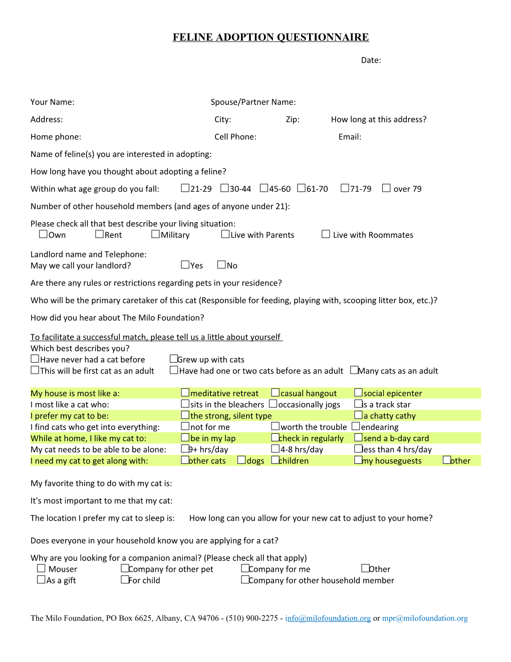 Feline Adoption Questionnaire