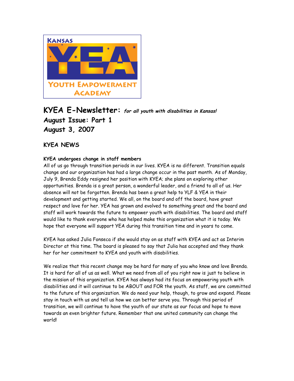 KYEA E-Newsletter: for All Youth with Disabilities in Kansas! s1