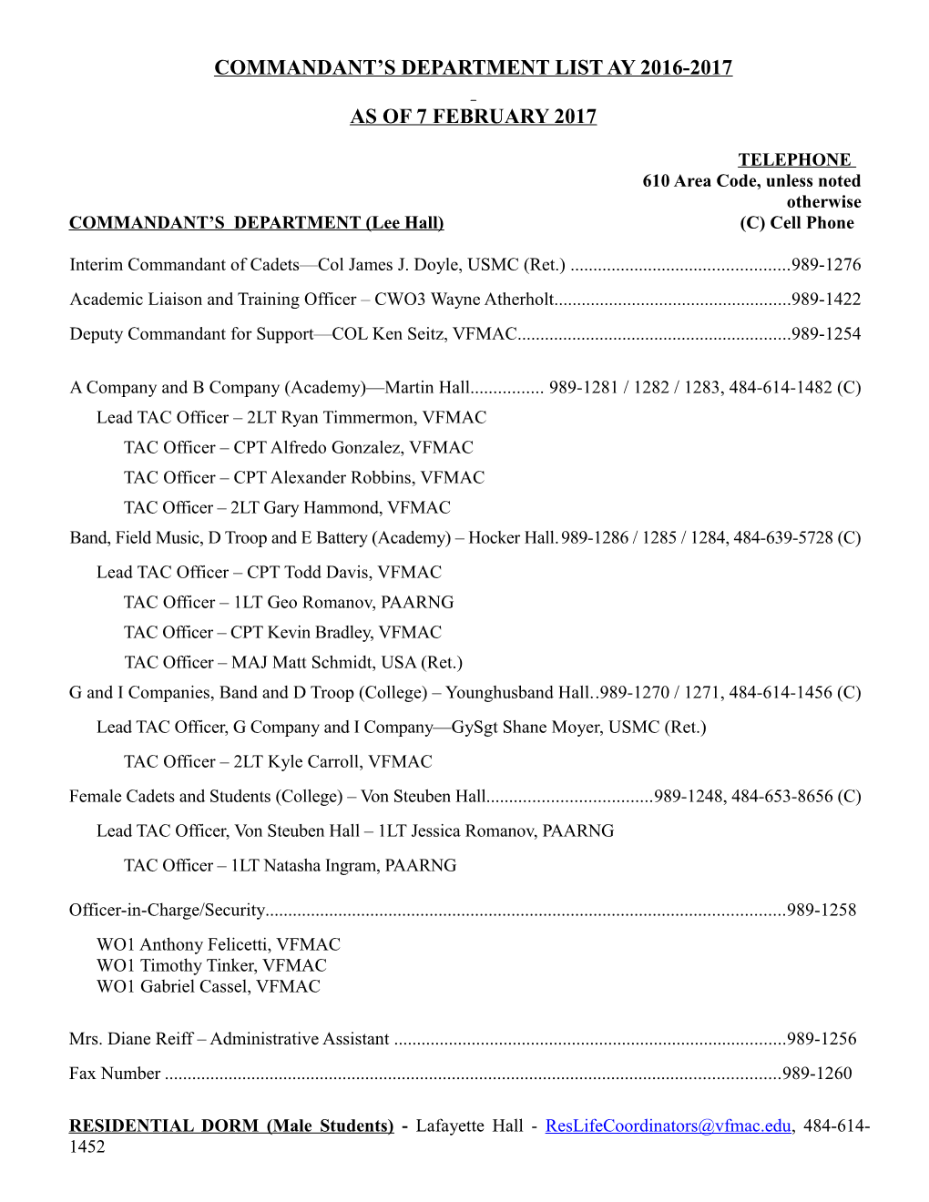 Commandant S Department List Ay 2016-2017