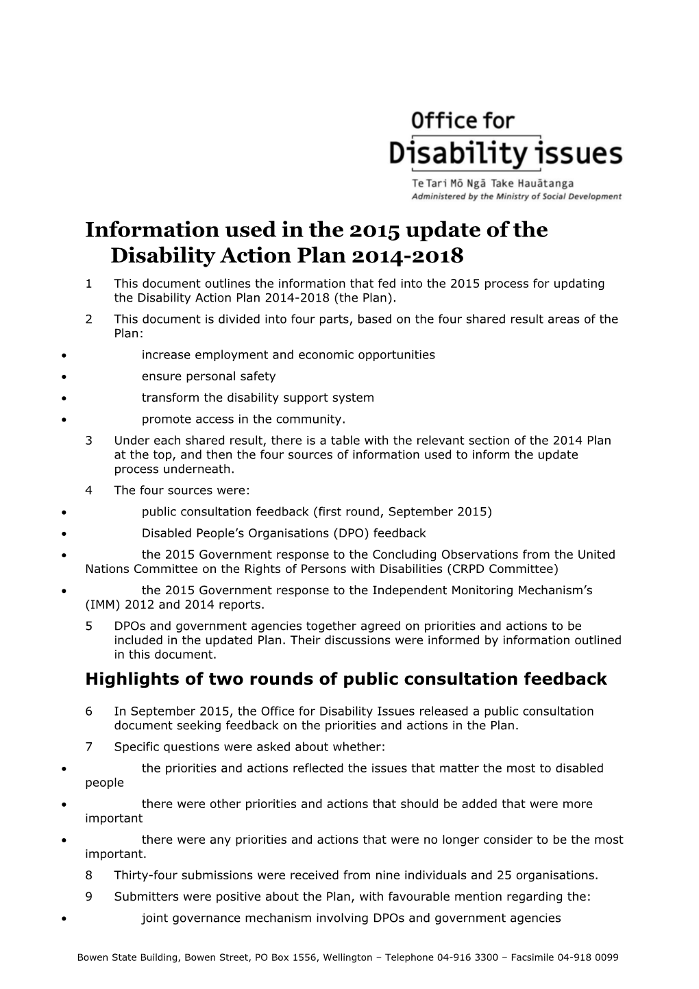 Information Used in the 2015 Update of the Disability Action Plan 2014-2018