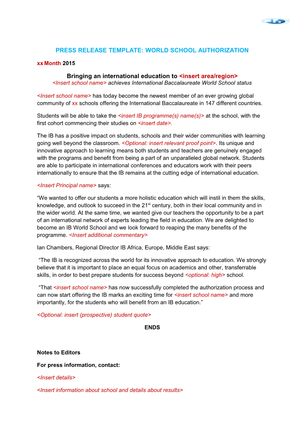 Press Release Template: World School Authorization