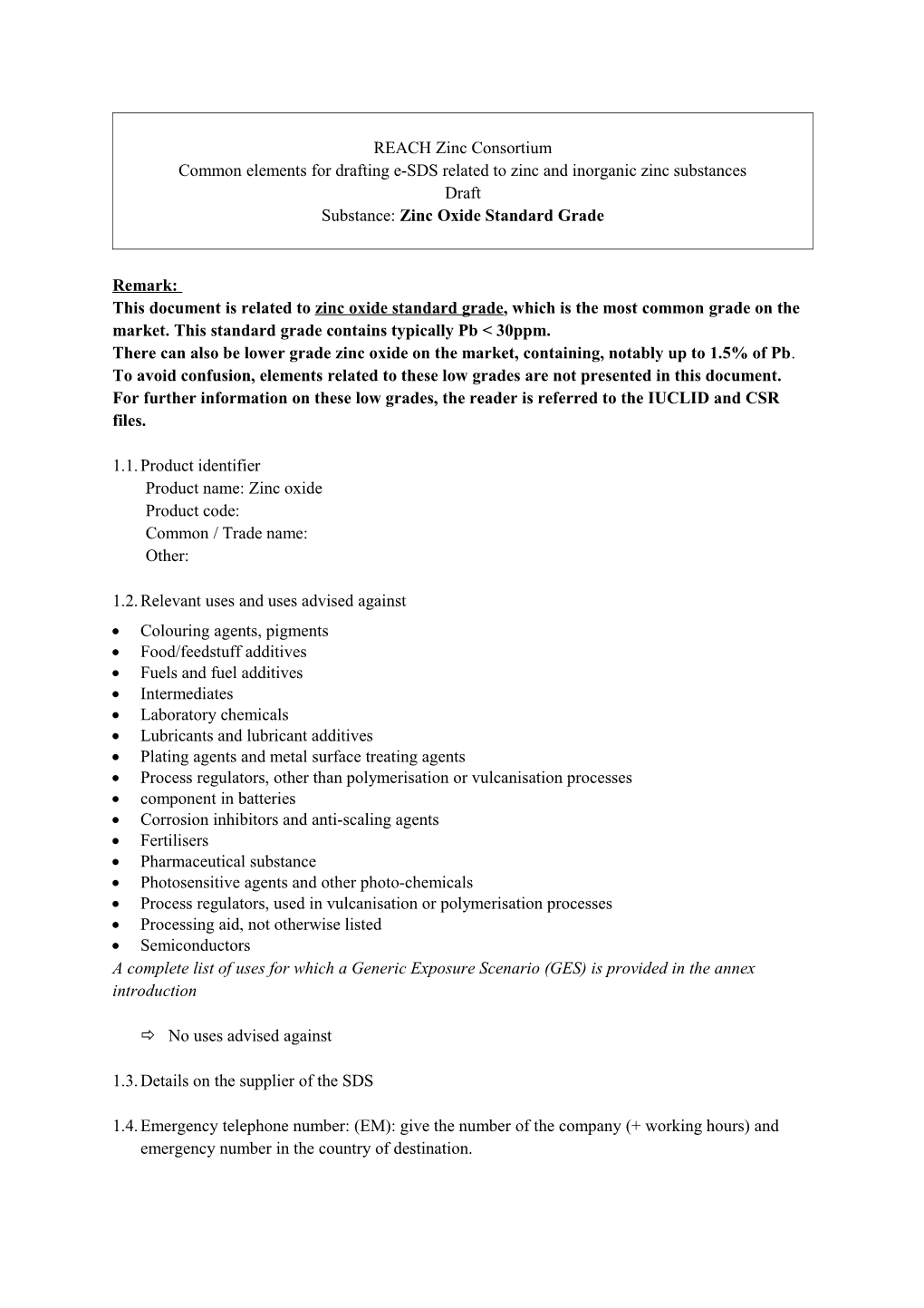 Common Elements for Drafting E-SDS Related to Zinc and Inorganic Zinc Substances s1