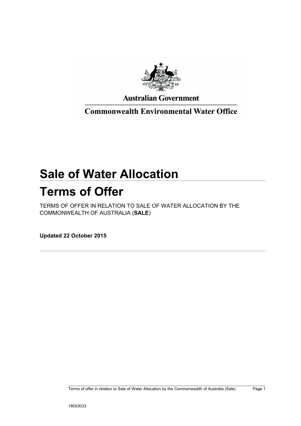 Sale of Water Allocation - Terms of Offer