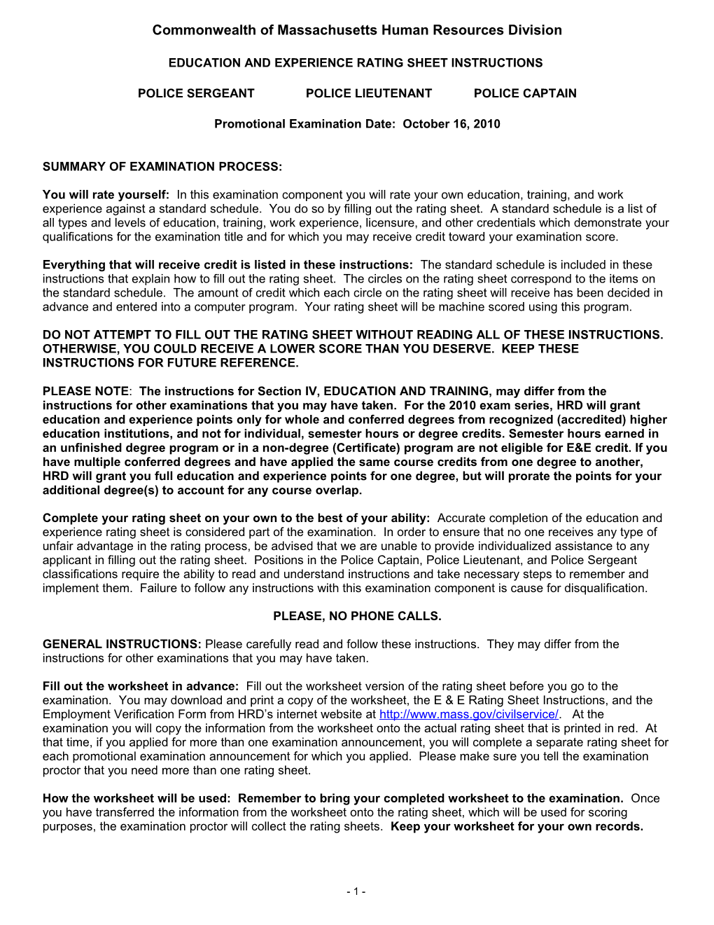 2010 EDUCATION and EXPERIENCE RATING SHEET INSTRUCTIONS - Police Sergeant, Lieutenant & Captain