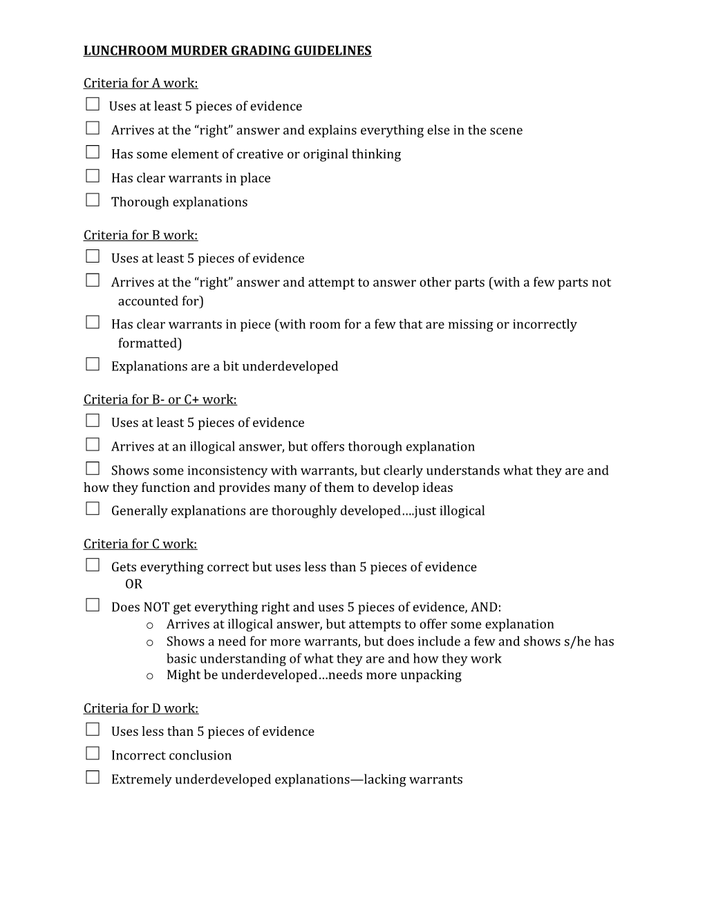 Lunchroom Murder Grading Guidelines