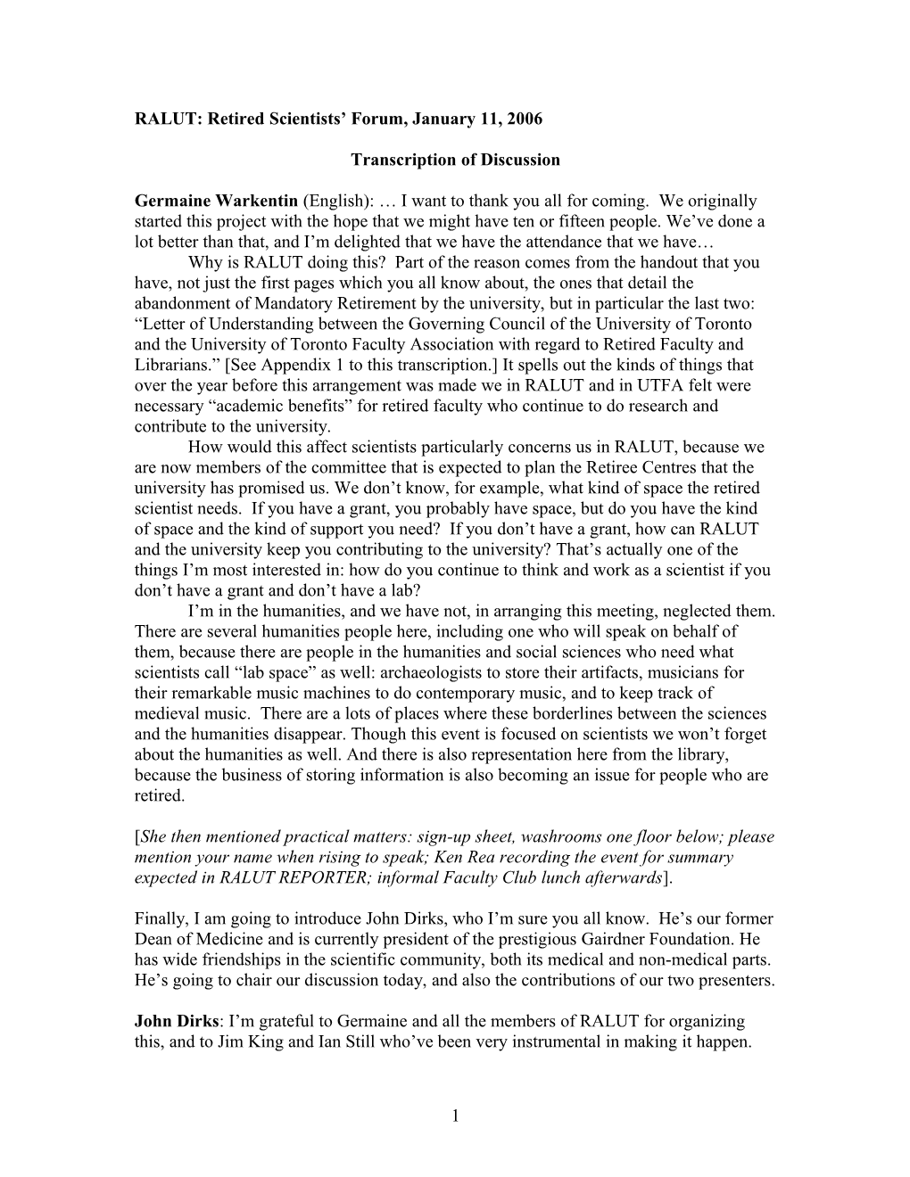 RALUT Retired Scientists Forum January 11, 2006 (Draft Transcription)