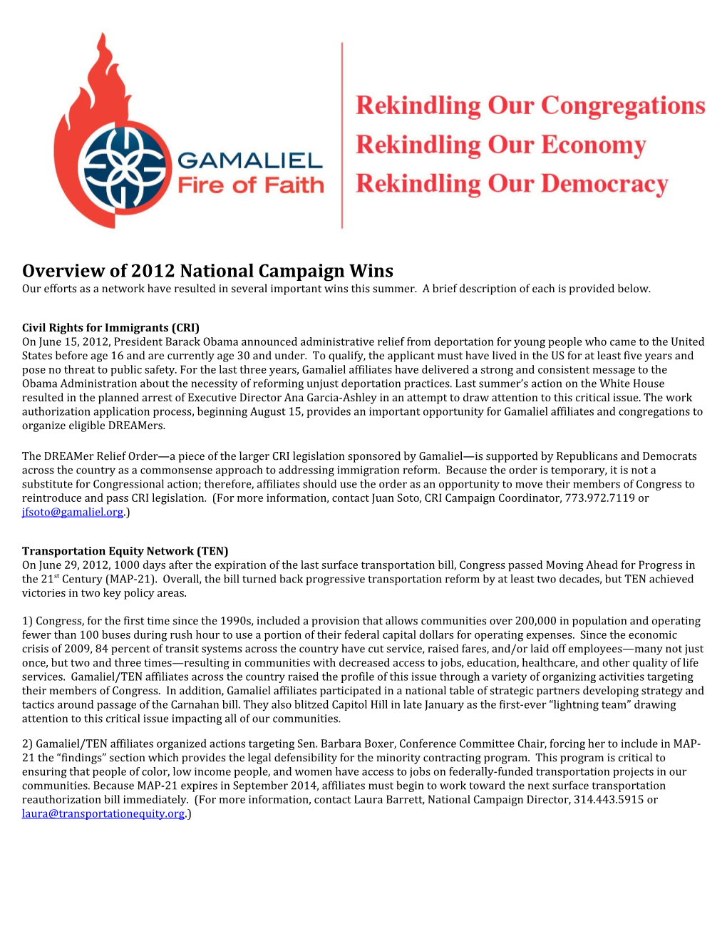 Overview of 2012 National Campaign Wins