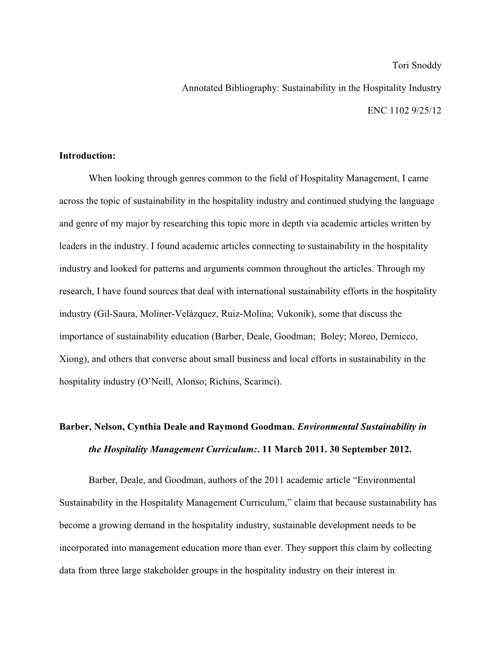 Annotated Bibliography: Sustainability In The Hospitality Industry