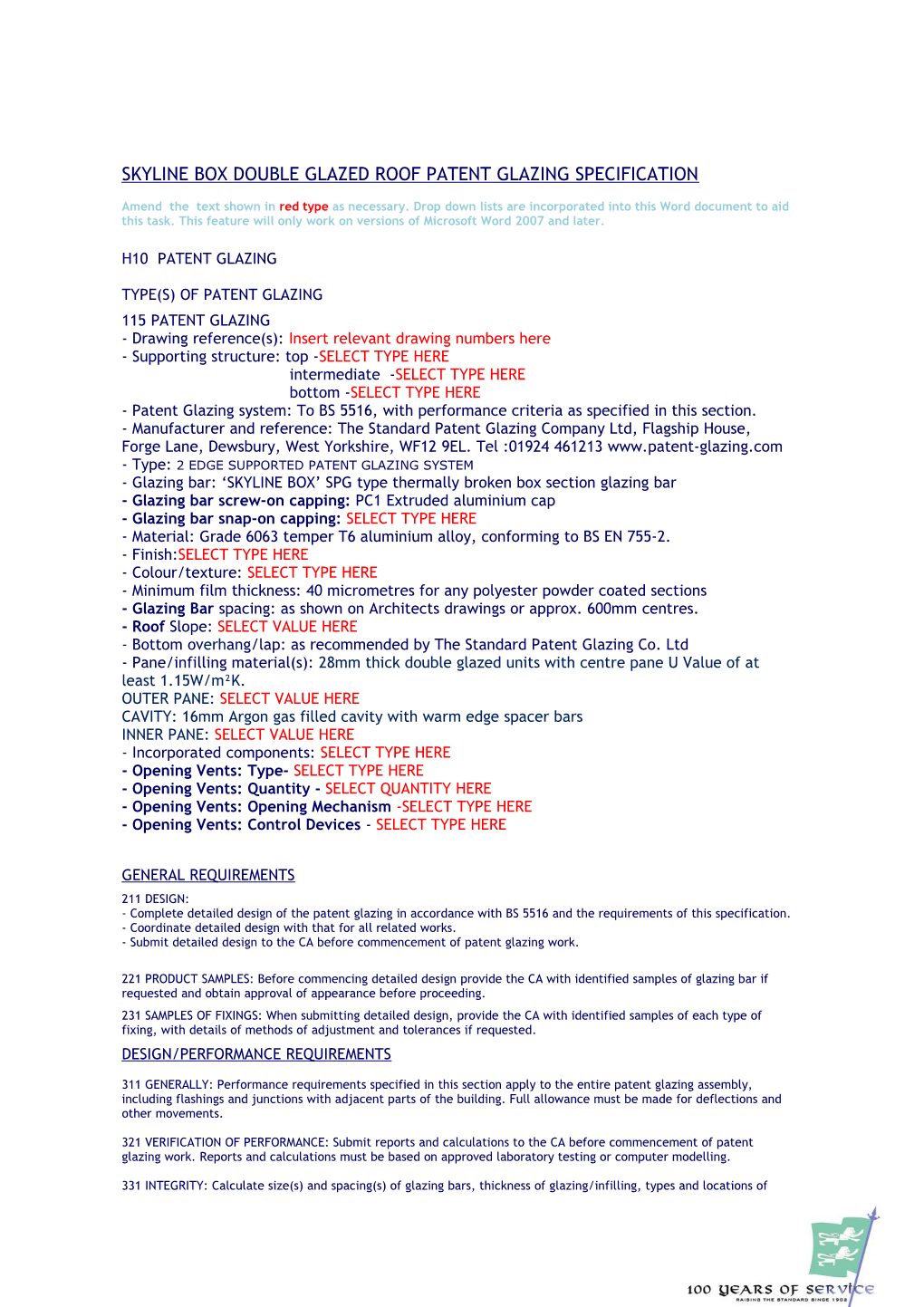 H10 Specification Sheet - Standard Patent Glazing Co. Ltd