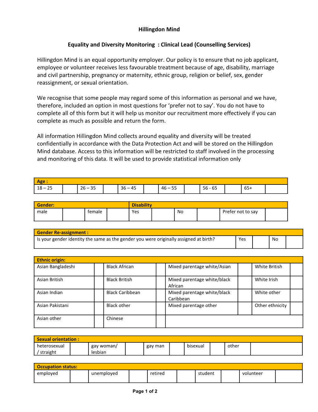 Equality and Diversity Monitoring : Clinical Lead (Counselling Services)