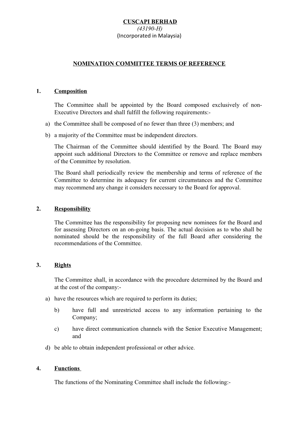 Nomination Committee Terms of Reference