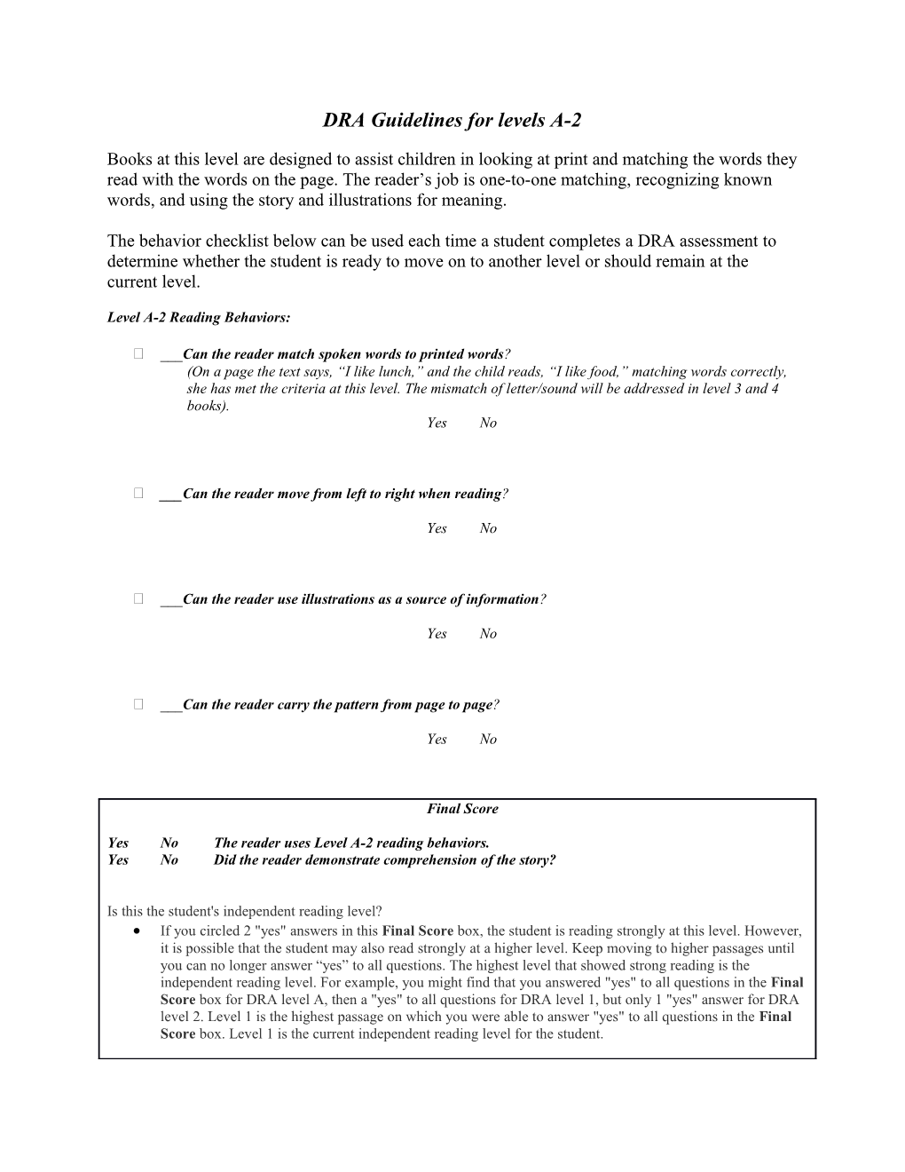 DRA Guidelines for Levels A-2