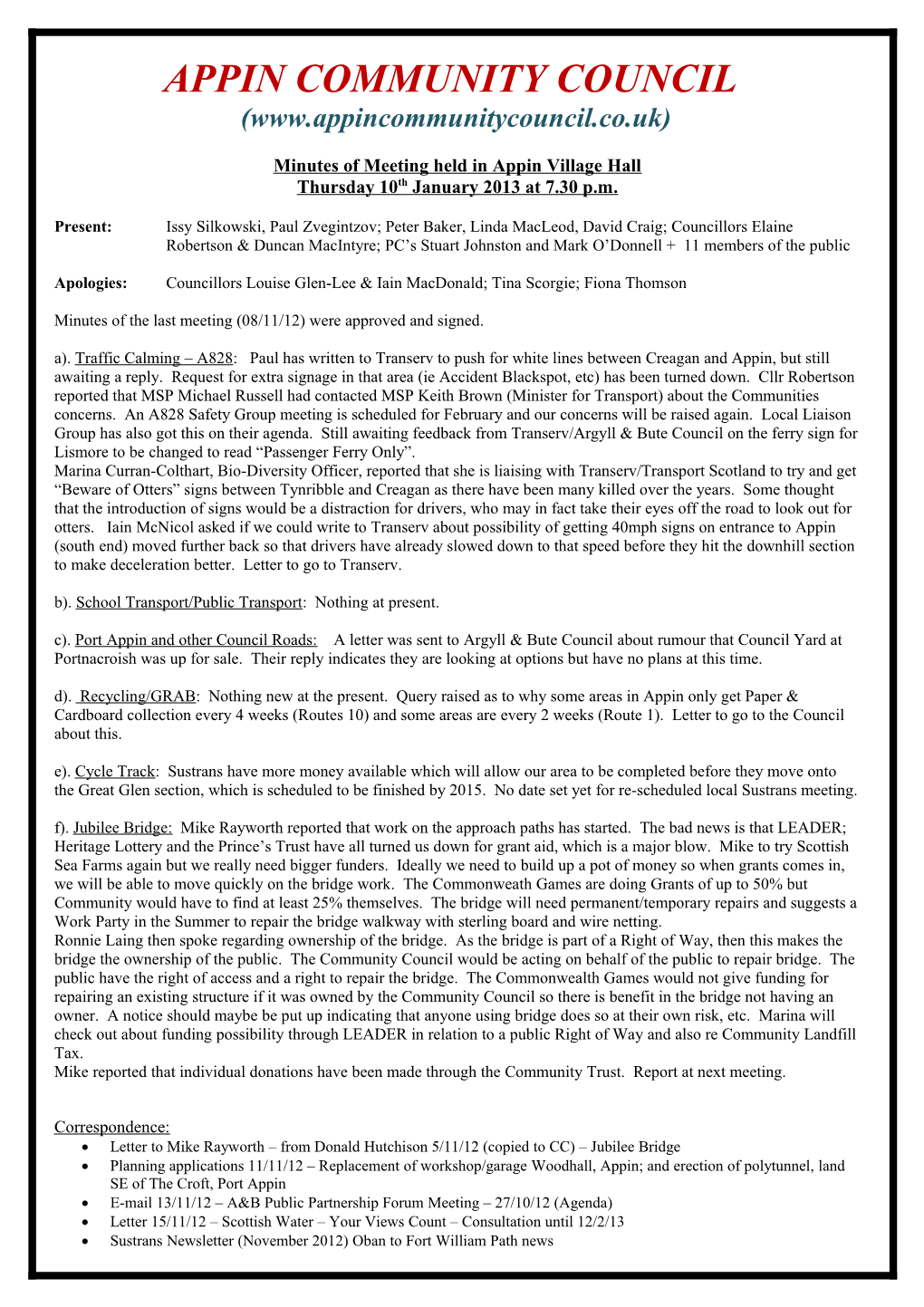 Minutes of Meeting Held in Appin Village Hall on Thursday 11 January 2007 at 7 s1