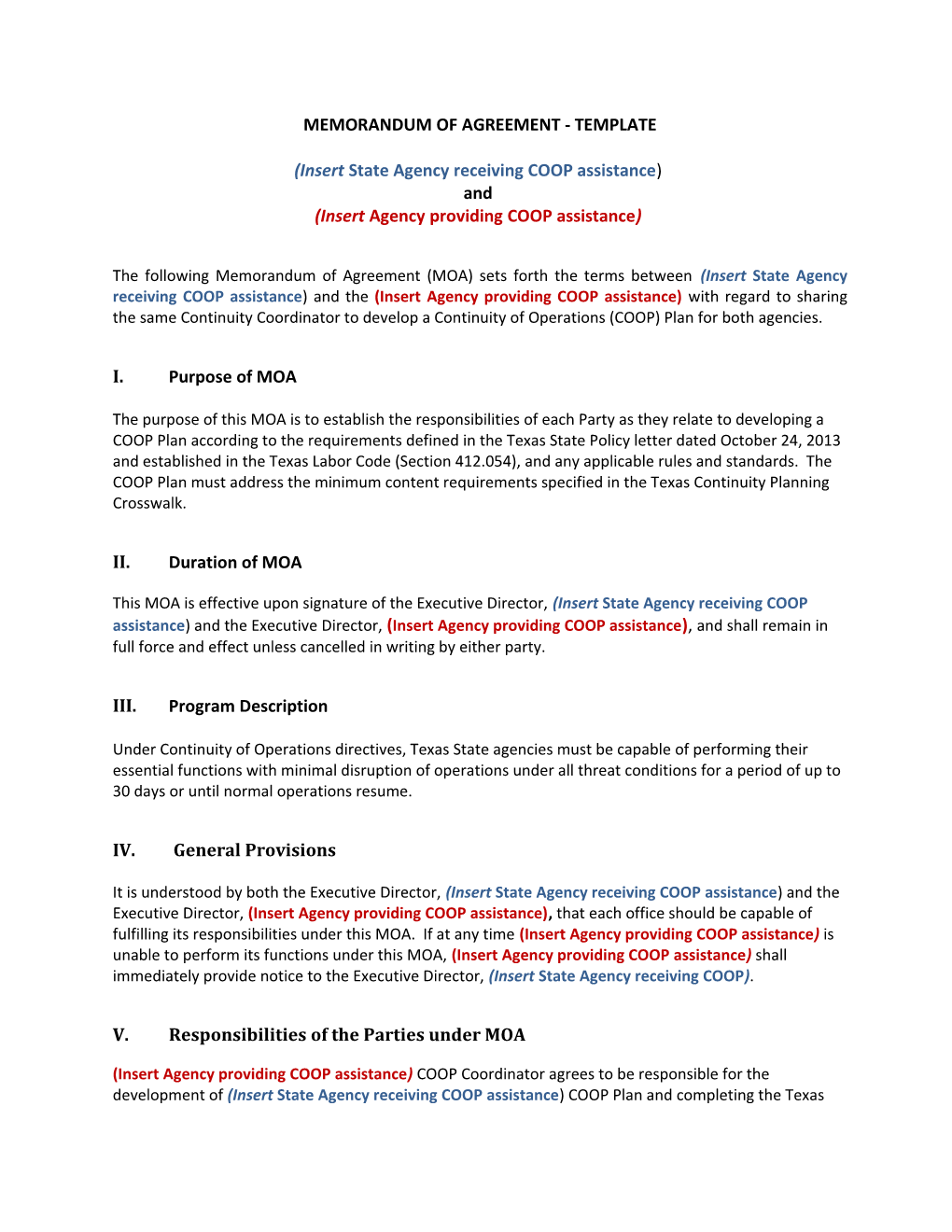 Memorandum of Agreement - Template
