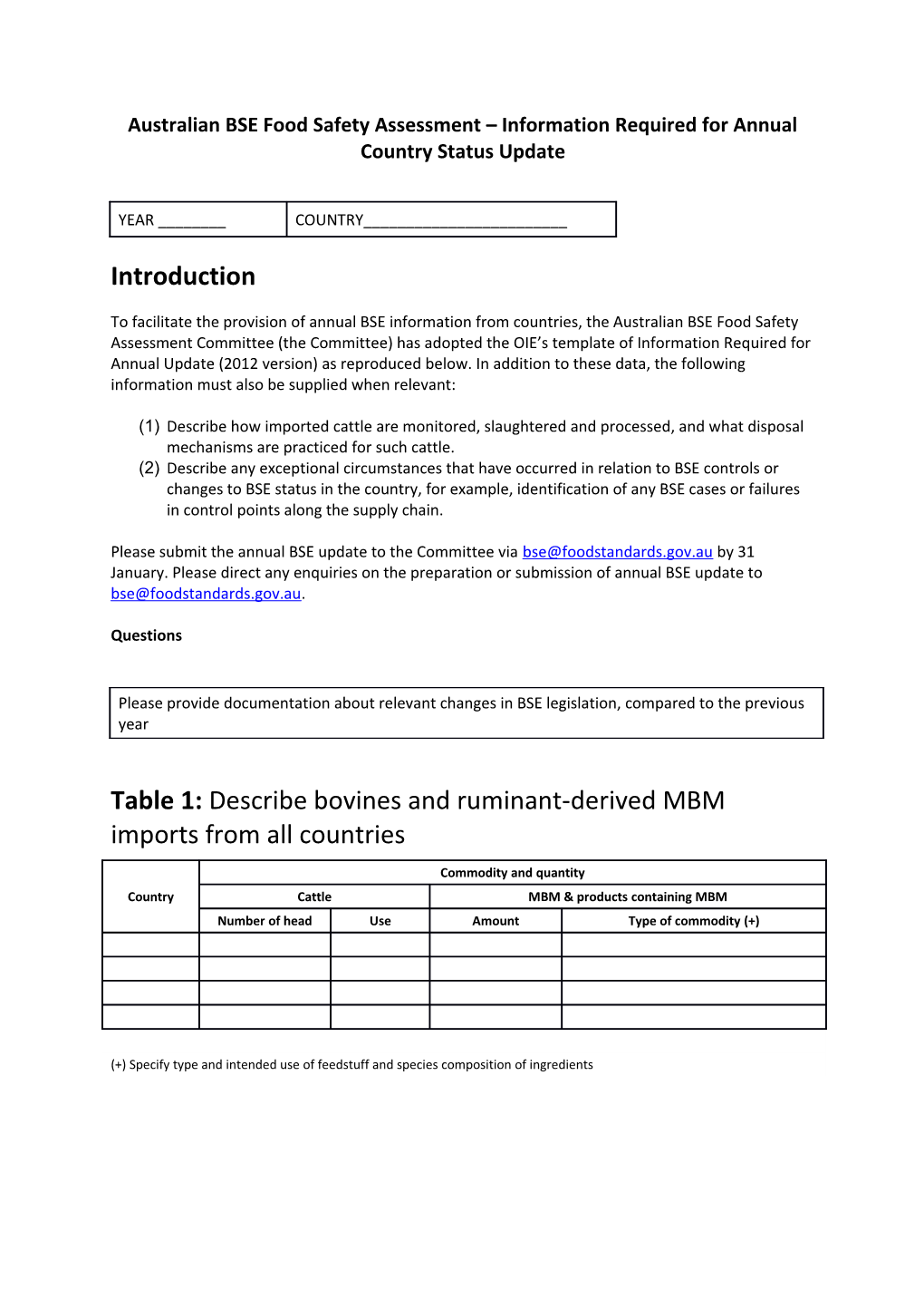 Australian BSE Food Safety Assessment Information Required for Annual Country Status Update