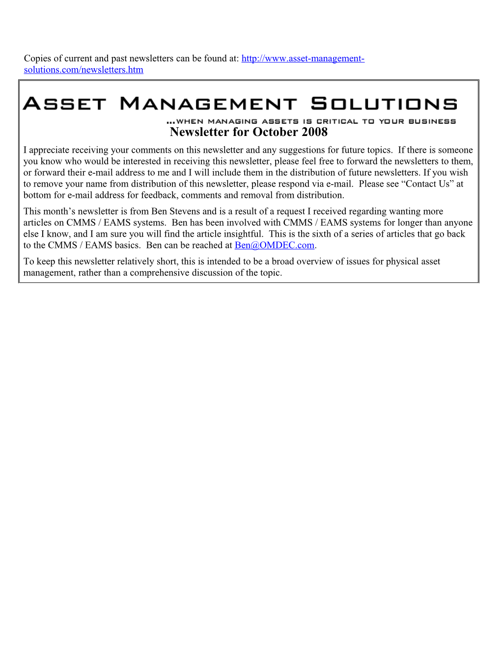 Asset Management Solutions Newsletter for October 2008
