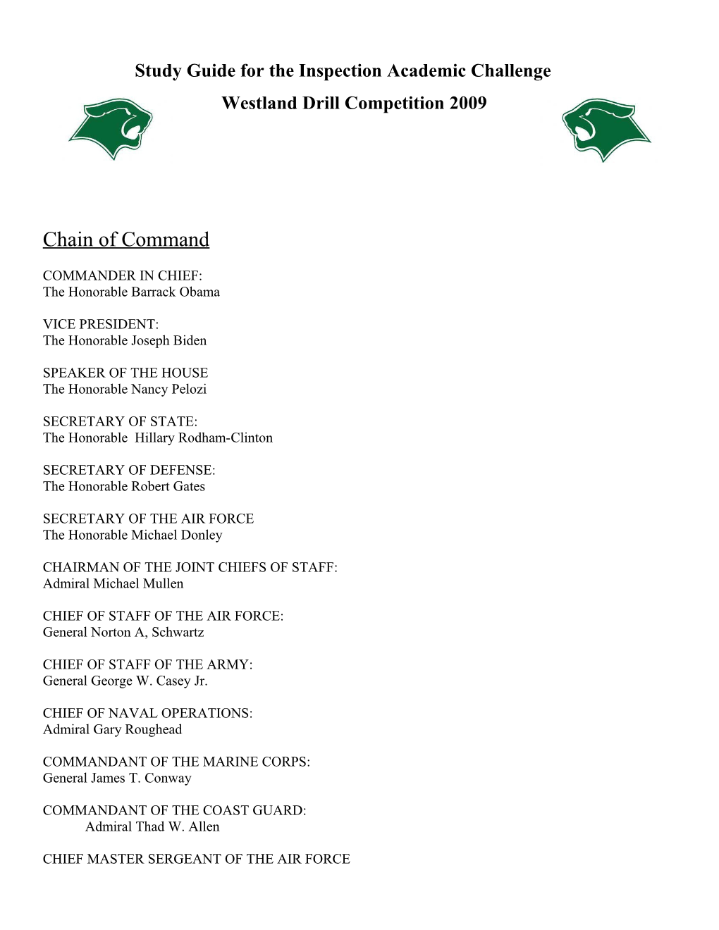 Study Guide for the Academic Quiz Bowl Challenge / Westland Drill Competition 2008